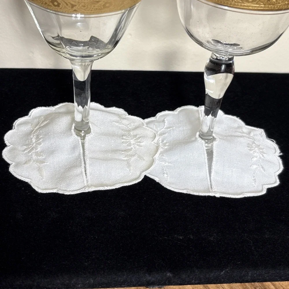 Vintage 2  Wine Glass Slippers Embroidered Fabric White
